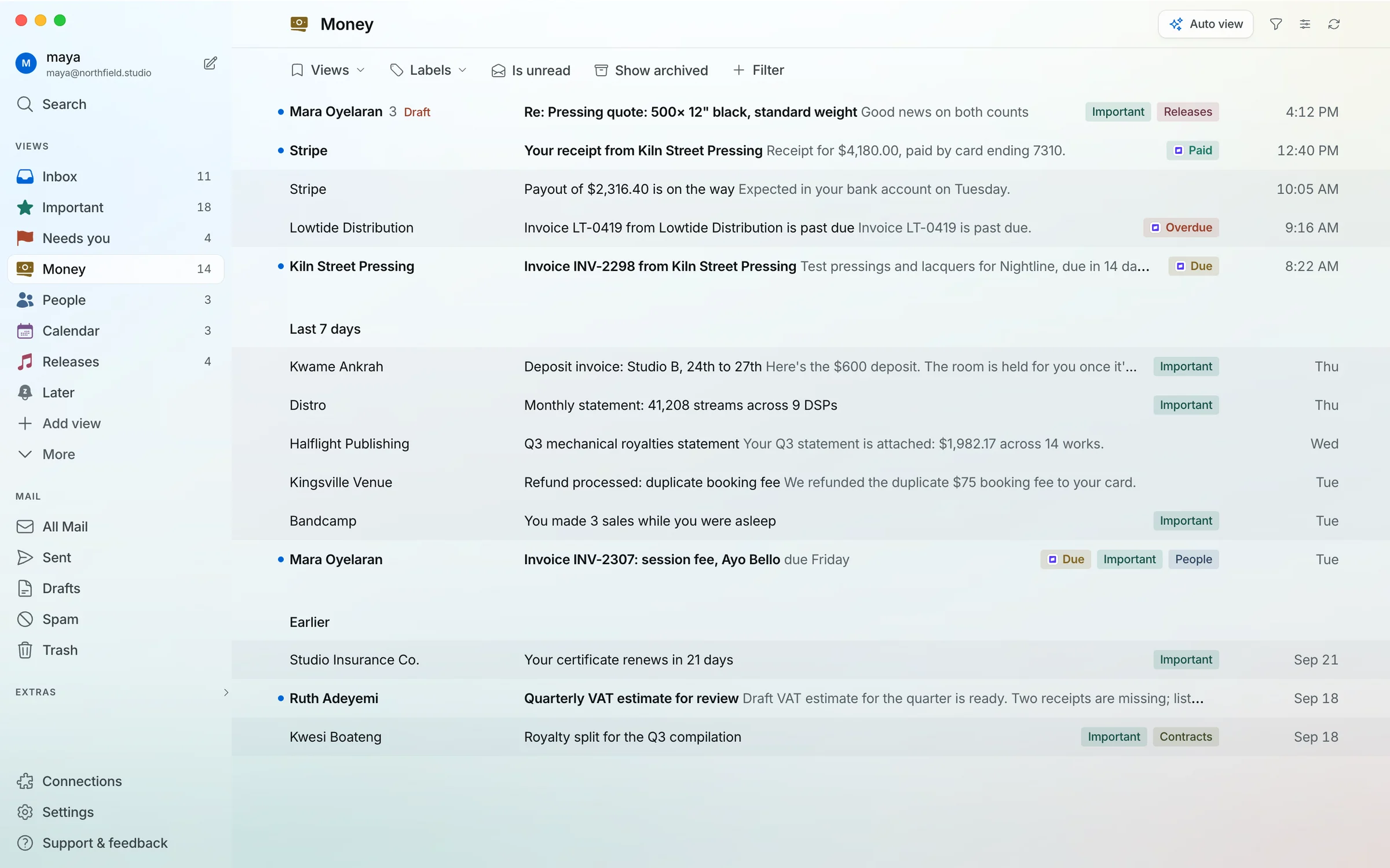 The Money view in Crate Mail: a Stripe receipt marked Paid, a payout on its way, an overdue invoice, invoices due soon, a studio deposit, a streaming statement, a royalties statement, and a refund.